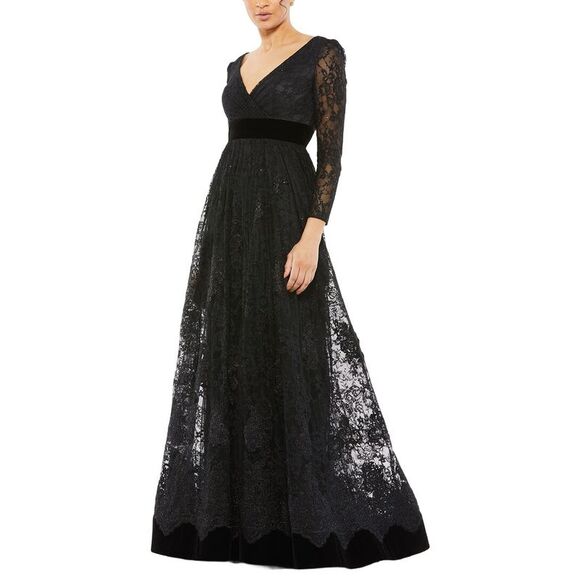 Mac Duggal WomensLace Long Sleeve V-Neck Wrap Over Gown Black